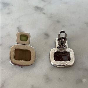 GIVENCHY Silver Clip-On Chunky Earrings with Brown Green Resin Accents Vintage